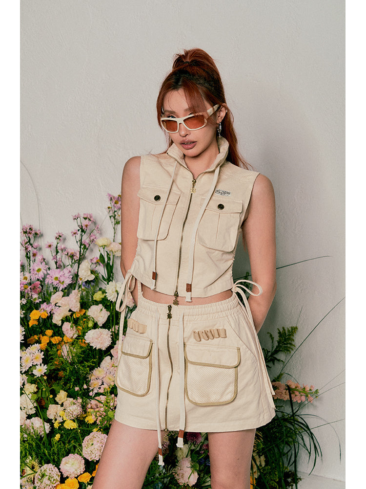 Antmvs Beer babe Solid Color Sleeveless Turtleneck Zip Up Multi-Pocket Cargo Cropped Top + Solid Color High Waist Multi-pocket Cargo Mini Set Matching Set