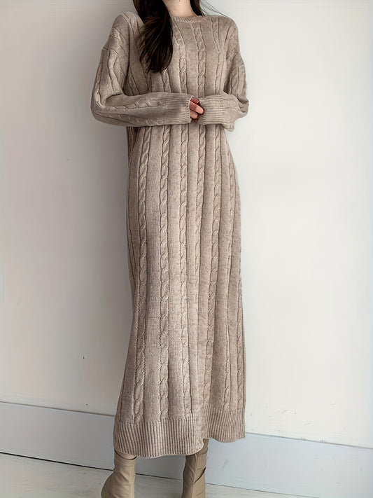 Antmvs Cable Knit Maxi Dress, Elegant Crew Neck Long Sleeve Dress, Women's Clothing