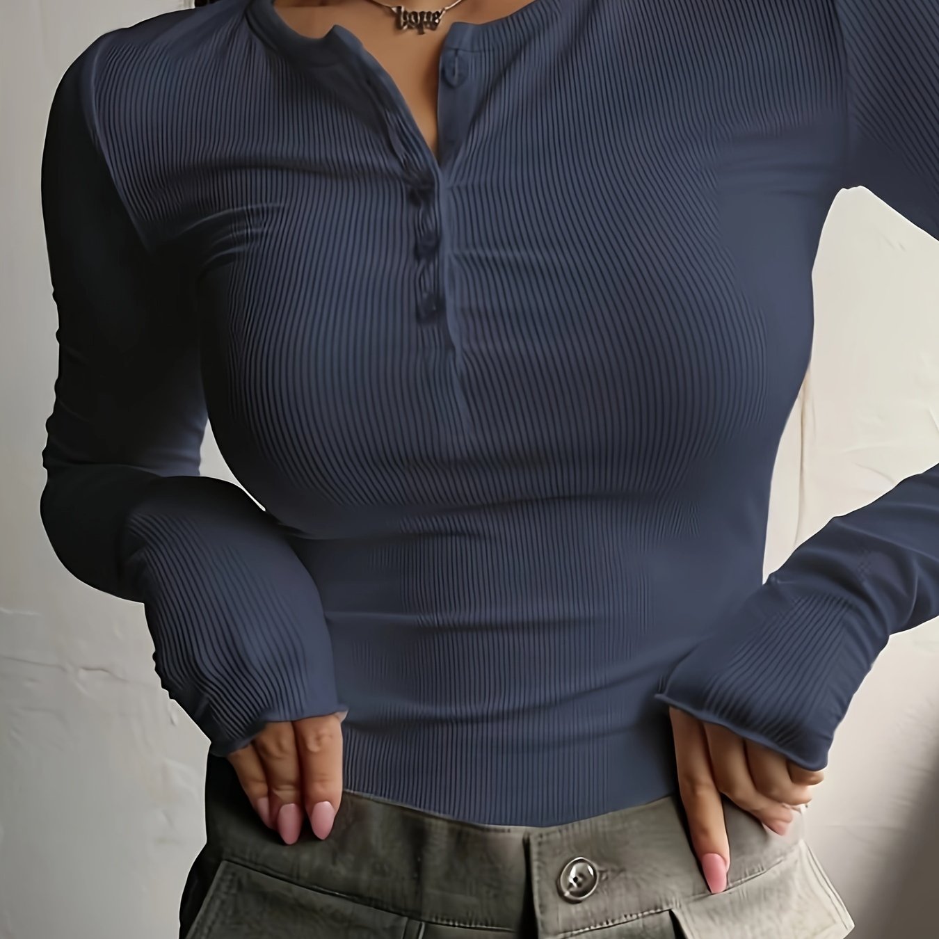 Antmvs Ribbed Button Front T-Shirt, Casual Long Sleeve Top For Spring & Fall, Women's Clothing