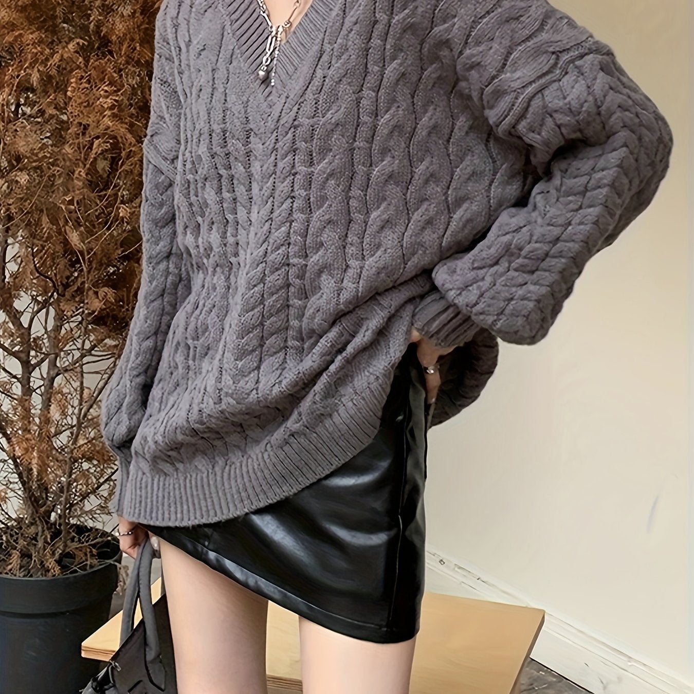 Antmvs Oversized V Neck Knitted Pullover Sweater, Elegant Long Sleeve Sweater For Fall & Winter, Women's Clothing