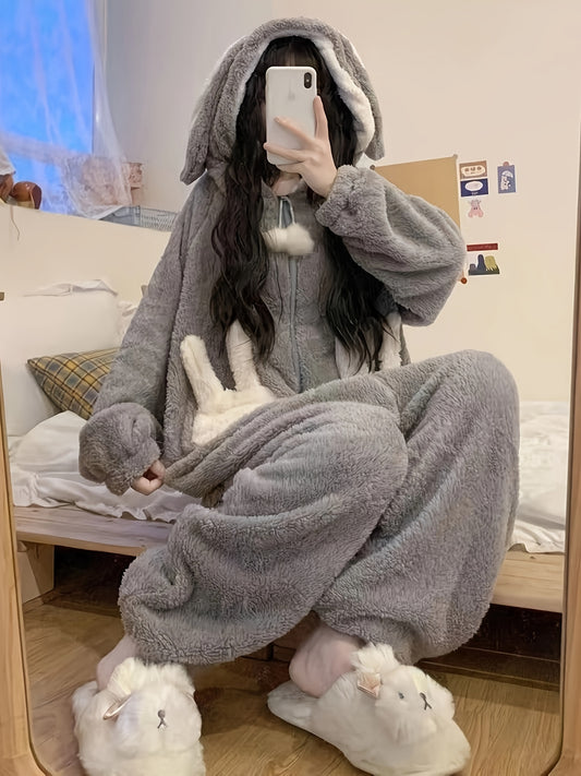 Antmvs Cartoon Bunny Fuzzy Hooded Jumpsuit, Cute Long Sleeve Zipper Pajamas, Women's Sleepwear & Loungewear