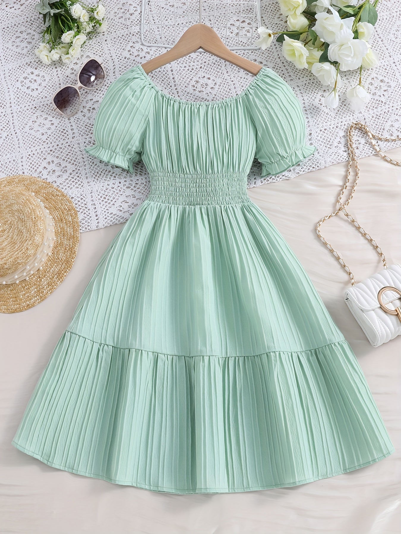 Knee High Girls Elegant Peplum Dress - Shirred, Puff Short Sleeve, Boat Neck, Non-Stretch Polyester, Solid Color, Casual Vacation Dress for Spring and Summer