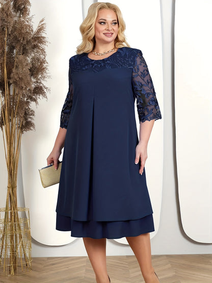 Antmvs Plus Size Casual Dress, Women's Plus Solid Contrast Lace Jacquard Half Sleeve Round Neck Layered Dress