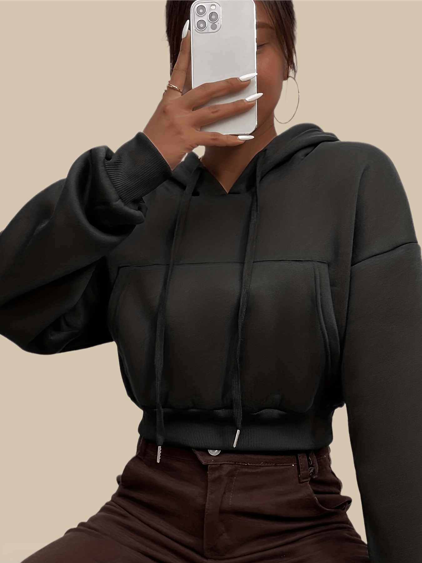 Antmvs Solid Kangaroo Pocket Crop Hoodie, Casual Long Sleeve Drawstring Hoodies Sweatshirt, Women's Clothing