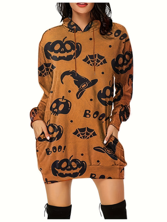 Antmvs Plus Size Halloween Sweatshirt, Women's Plus Pumpkin & Skull Print Long Sleeve Hoodie Dress With Pockets