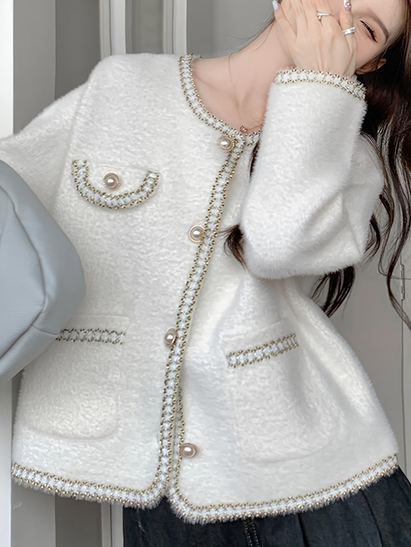 Antmvs Contrast Trim Button Down Knit Cardigan, Elegant Long Sleeve Cozy Sweater, Women's Clothing