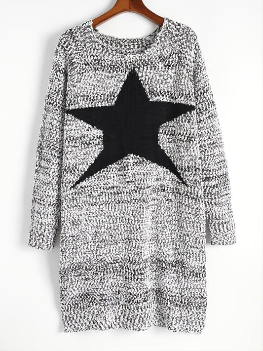 Antmvs Plus Size Star Graphic Long Sleeve Round Neck Sweater Dress, Women's Plus Slight Stretch Elegant Sweater Dress