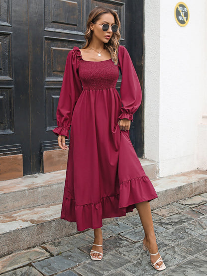 Antmvs Women's Dresses Casual Ruffled Square Neck Long Sleeve Loose Fashion Swing Dress