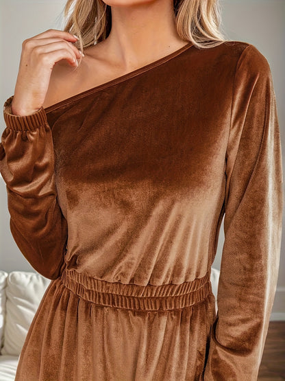 Antmvs Solid Velvet One-shoulder Dress, Casual Long Sleeve Cinched Waist Ruffle Hem Dress For Spring & Fall, Women's Clothing