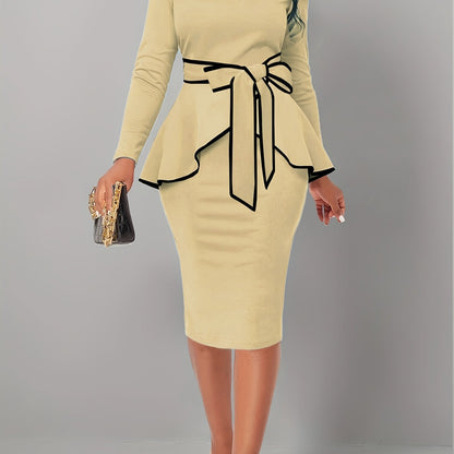 Antmvs Elegant Work Two-piece Set, Long Sleeve Keyhole Tops & Bag Hip Knee Length Skirts Outfits, Women's Clothing
