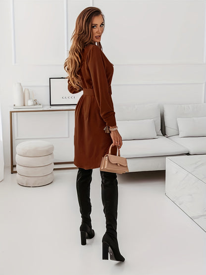 Antmvs Button Shirt Dress With Belt, Elegant Long Sleeve Dress For Spring & Fall, Women's Clothing