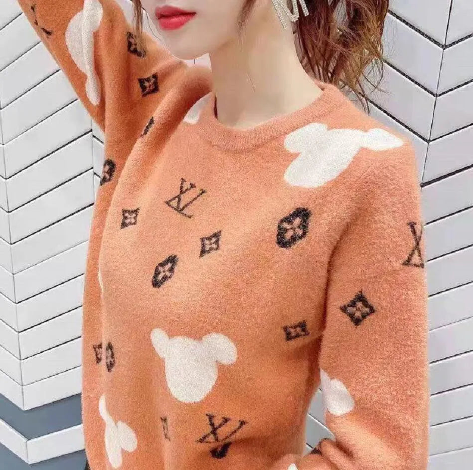 Women Sweaters Luxury Top Quality Full Print Letter Knitting Sweater High Street Pullover Tops