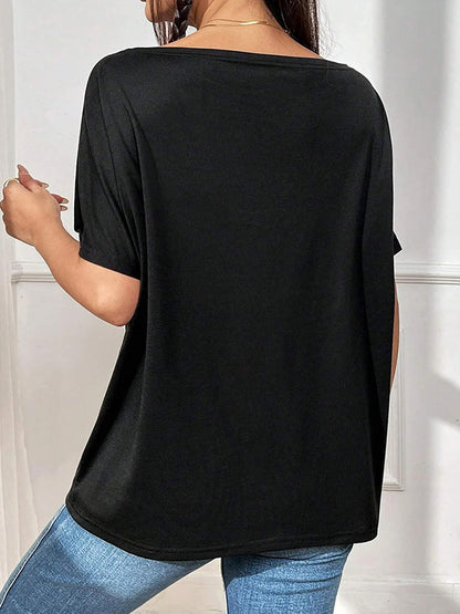 Antmvs Split-Joint Rhinestone Loose Batwing Sleeves One-Shoulder T-Shirts