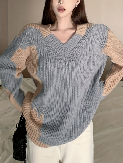 Antmvs Color Block Knitted Pullover Sweater, Casual Long Sleeve Sweater For Fall & Winter, Women's Clothing