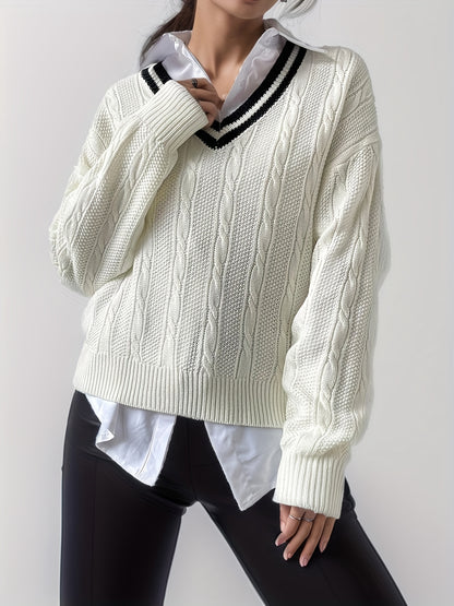 Antmvs V Neck Cable Knit Pullover Sweater, Casual Long Sleeve Drop Shoulder Sweater, Women's Clothing