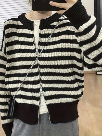 Antmvs Striped Crew Neck Zip Up Cardigan, Casual Long Sleeve Sweater For Spring & Fall, Women's Clothing