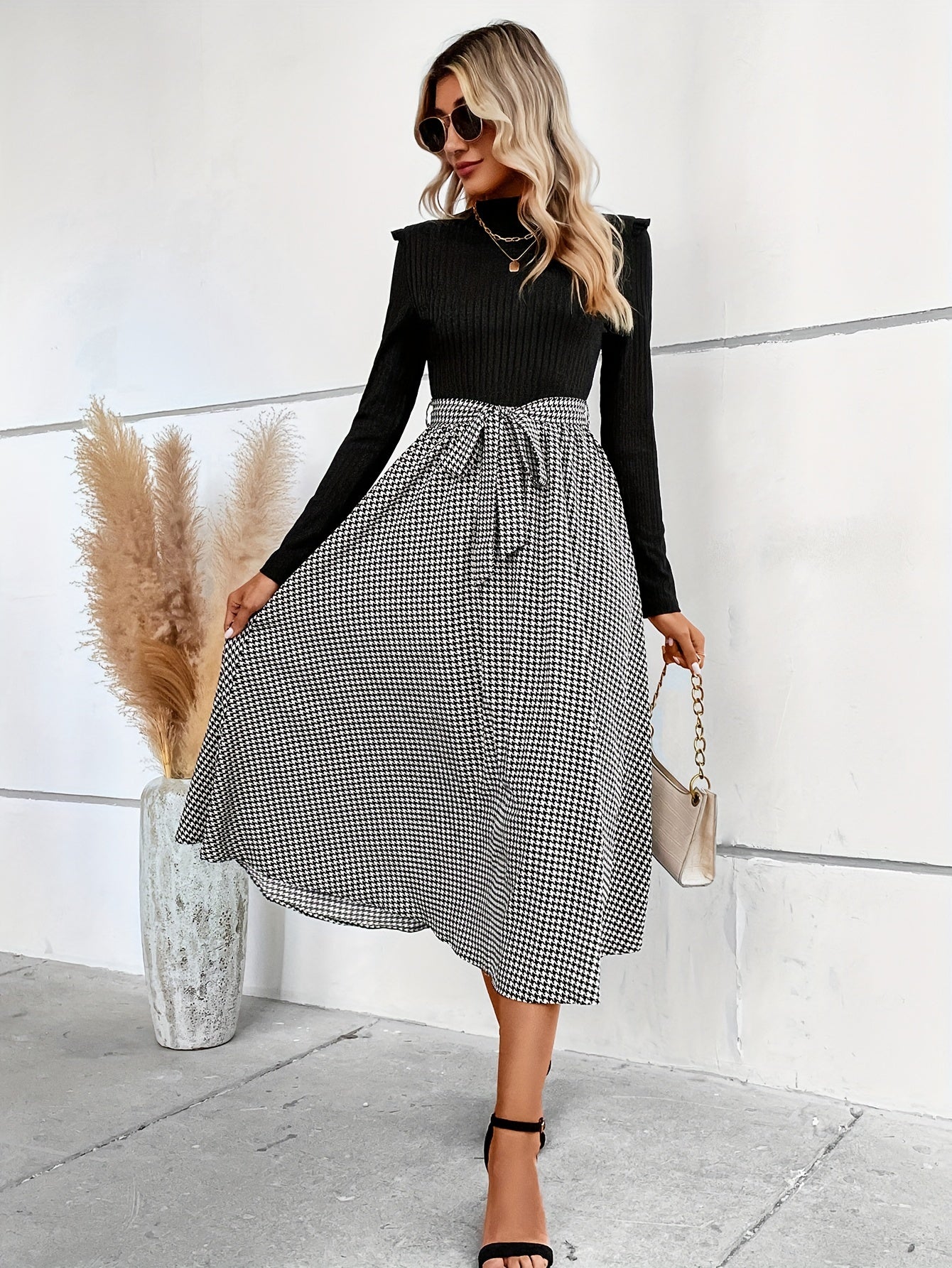 Antmvs Houndstooth Print Splicing Dress, Elegant Mock Neck Long Sleeve Dress, Women's Clothing