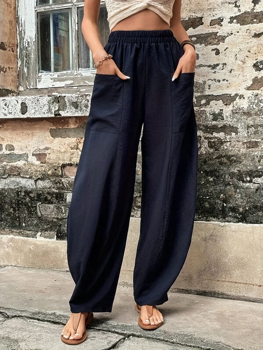 Antmvs Boho Solid Elastic Waist Harem Pants, Casual Long Length Baggy Pants With Pockets For Spring & Summer, Women's Clothing