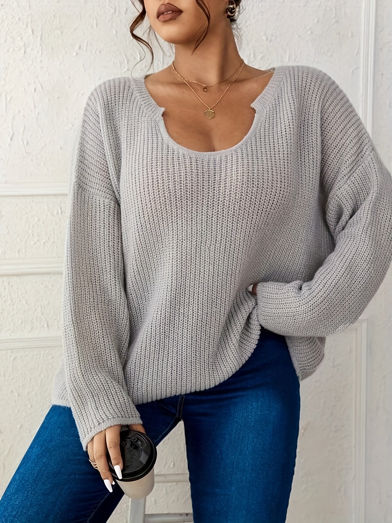 Antmvs Plus Size Casual Knit Top, Women's Plus Notched Neck Long Sleeve Drop Shoulder Slight Stretch Pullover Top