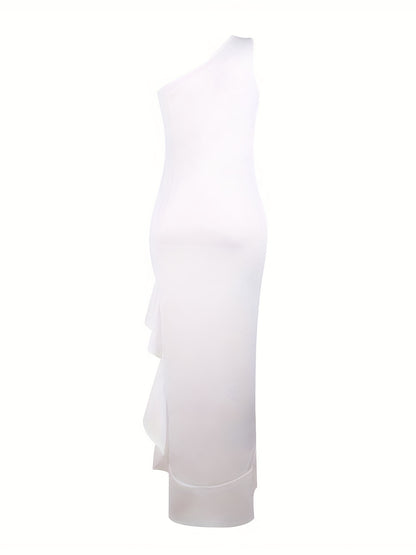 Antmvs Ruffle Trim Twist Dress, Sexy One Shoulder Sleeveless Maxi Dress, Women's Clothing