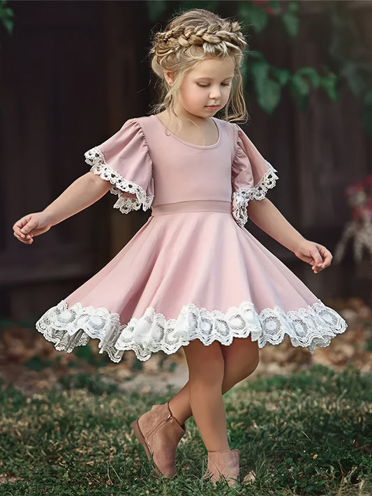 Toddler Girls Butterfly Sleeve Contrast Lace Trim Princess Dress For Party Beach Vacation Kids Summer Clothes