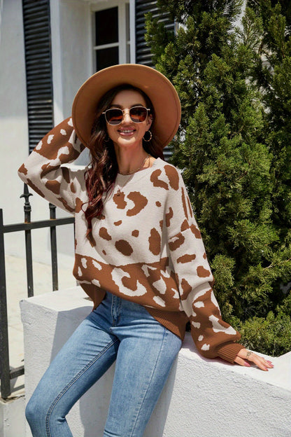 Antmvs Leopard Pattern Crew Neck Pullover Sweater, Casual Long Sleeve Sweater For Fall & Winter, Women's Clothing