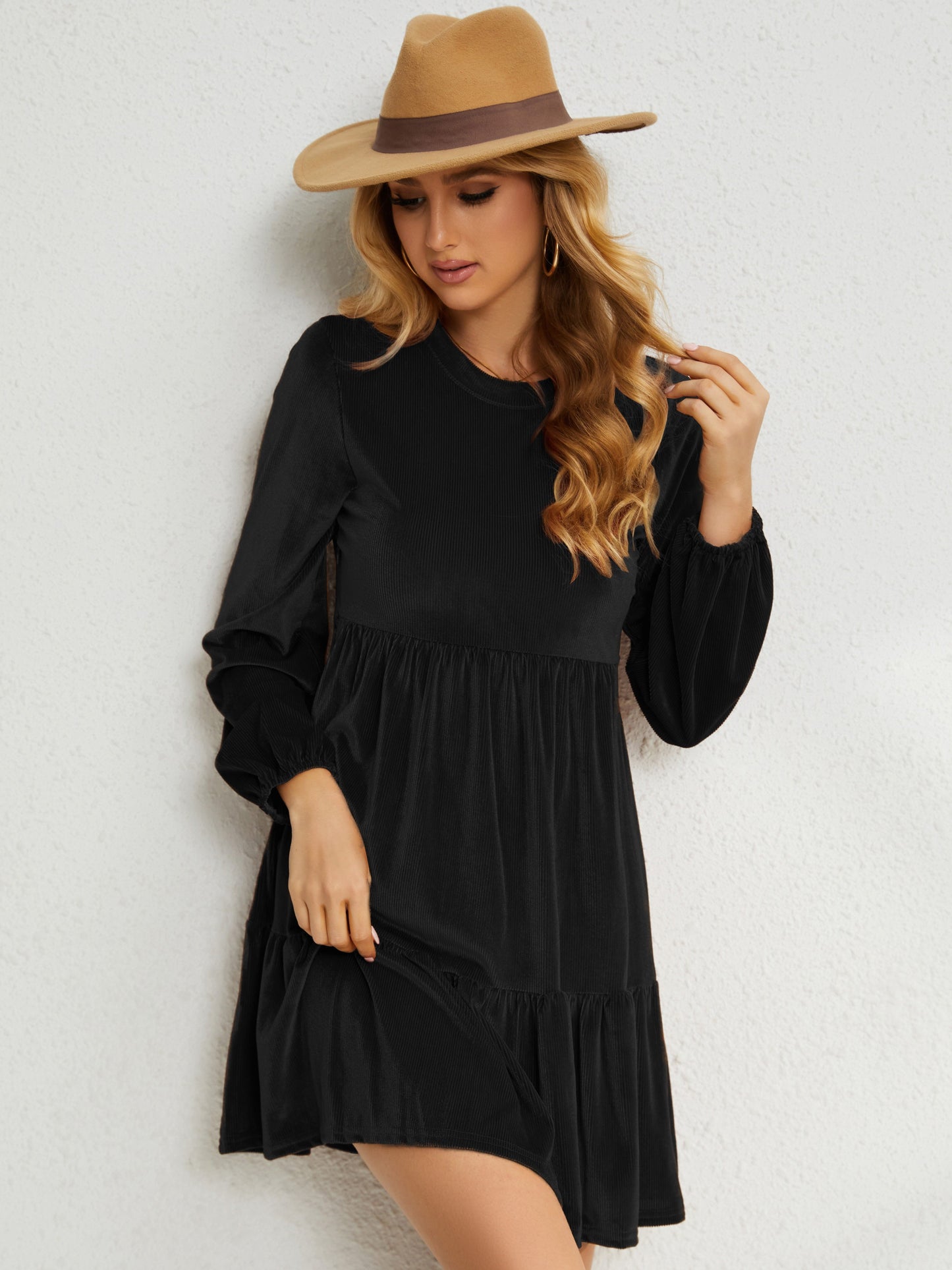 Antmvs Solid Tiered Dress, Casual Crew Neck Long Sleeve Dress, Women's Clothing