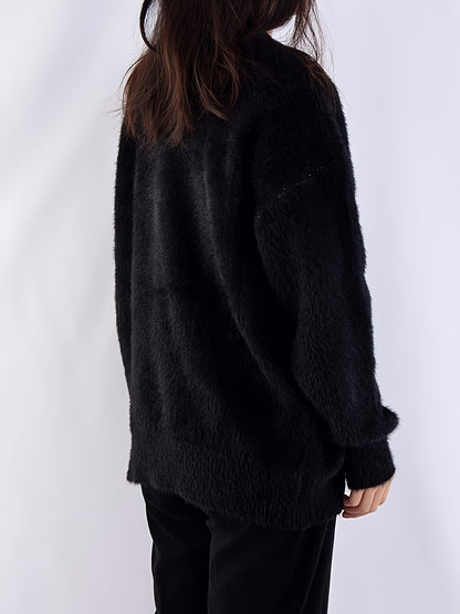 Antmvs Letter Pattern Crew Neck Fleece Sweater, Vintage Long Sleeve Oversized Pullover Sweater, Women's Clothing