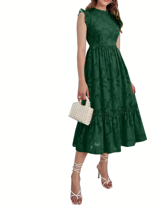 Antmvs Lettuce Trim Jacquard Dress, Elegant Sleeveless Pleated Slim Waist Dress, Women's Clothing