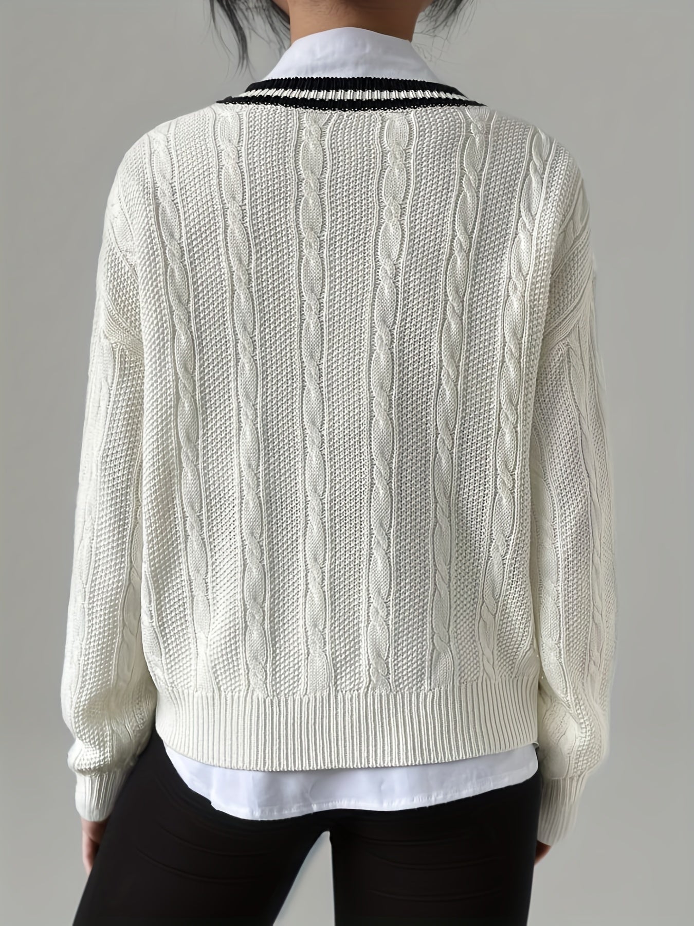 Antmvs V Neck Cable Knit Pullover Sweater, Casual Long Sleeve Drop Shoulder Sweater, Women's Clothing