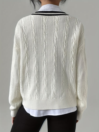 Antmvs V Neck Cable Knit Pullover Sweater, Casual Long Sleeve Drop Shoulder Sweater, Women's Clothing