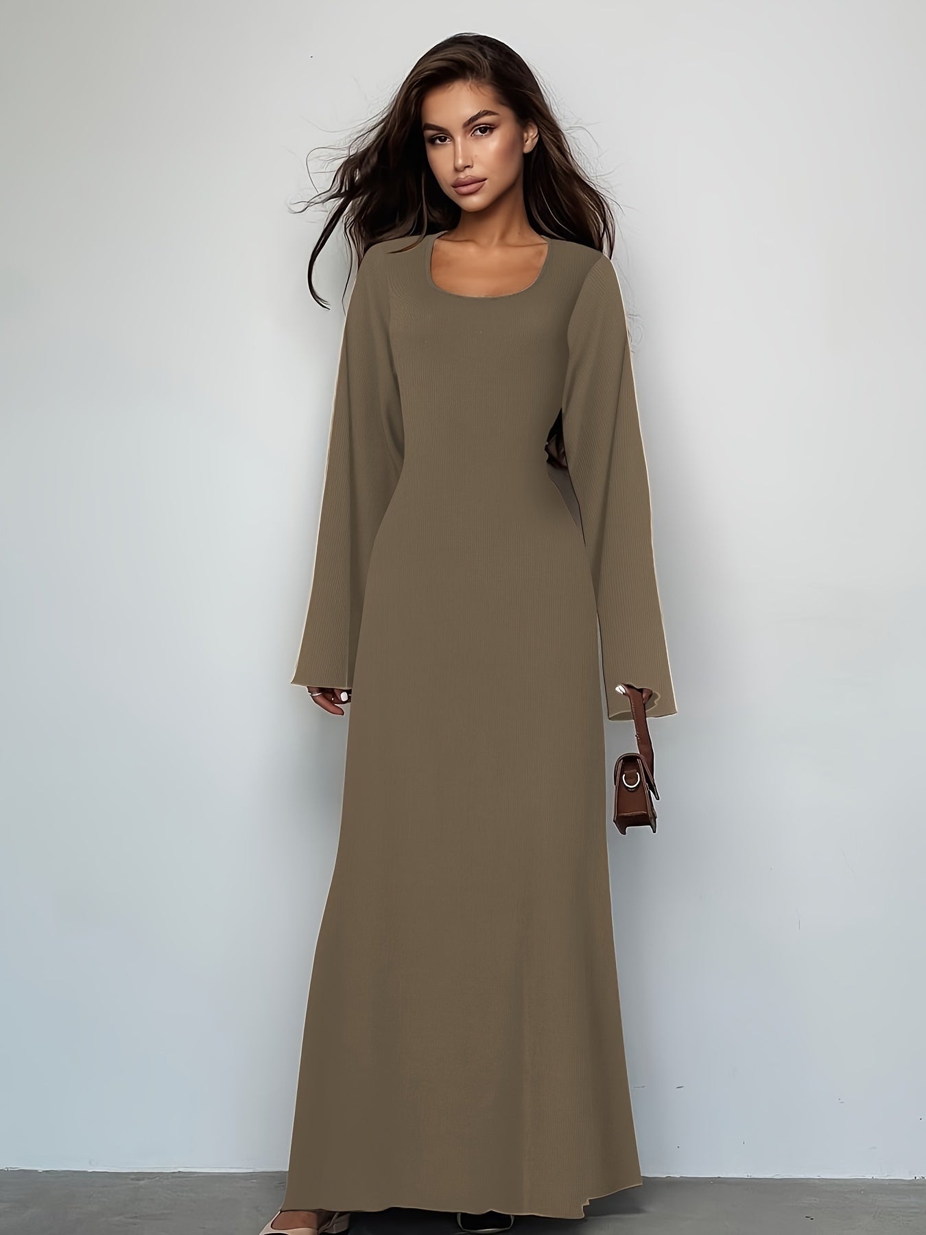 Antmvs Solid Tie Back U Neck Dress, Elegant Long Sleeve Maxi Dress, Women's Clothing