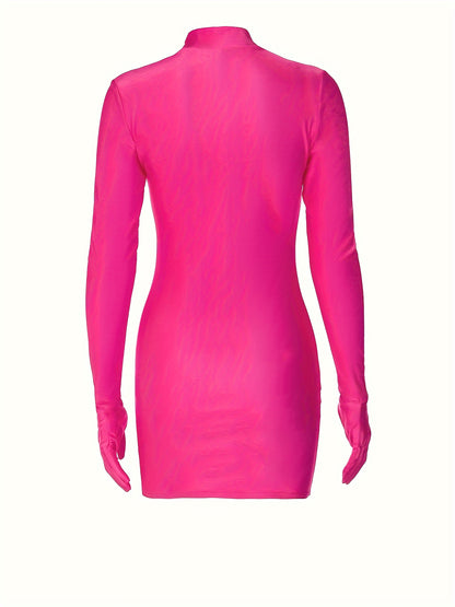 Antmvs Solid Bodycon Mini Dress, Club Wear Mock Neck Long Sleeve Dress, Women's Clothing