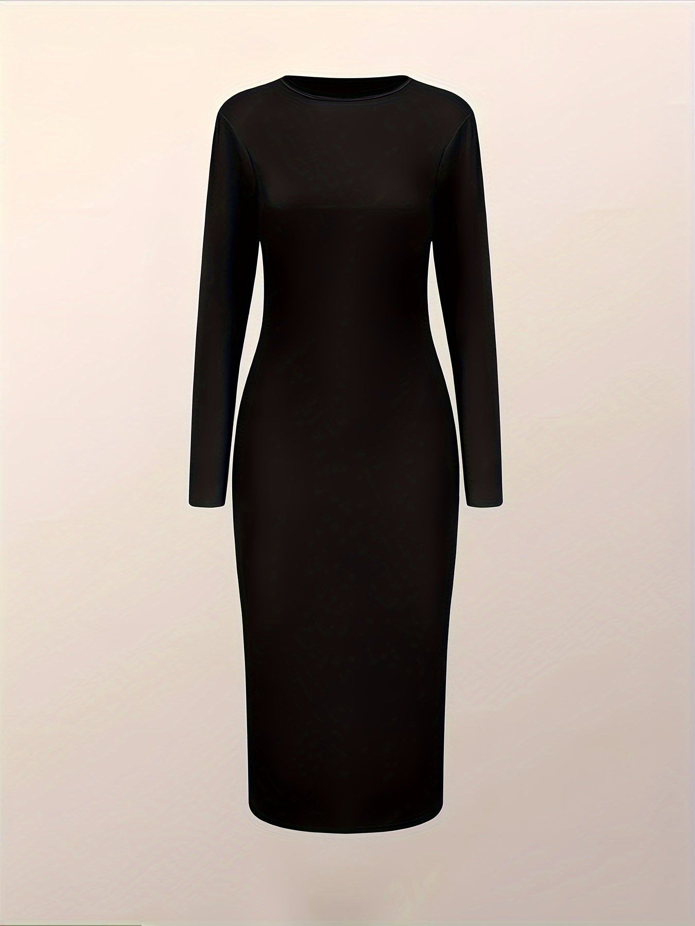 Antmvs Split Solid Bodycon Dress, Casual Crew Neck Long Sleeve Midi Dress, Women's Clothing