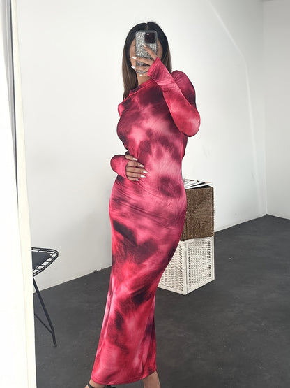 Antmvs Tie Dye Long Sleeve Bodycon Dress, Y2K Crew Neck Maxi Dress, Women's Clothing