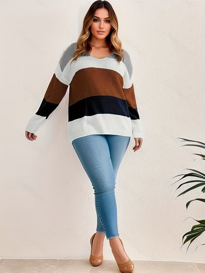 Antmvs Plus Size Casual Sweater, Women's Plus Colorblock V Neck Long Sleeve High Stretch Sweater