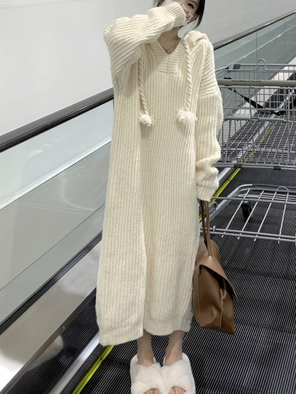 Antmvs Solid Long Sleeve Hooded Knit Dress, Casual Drawstring Thermal Dress For Fall & Winter, Women's Clothing