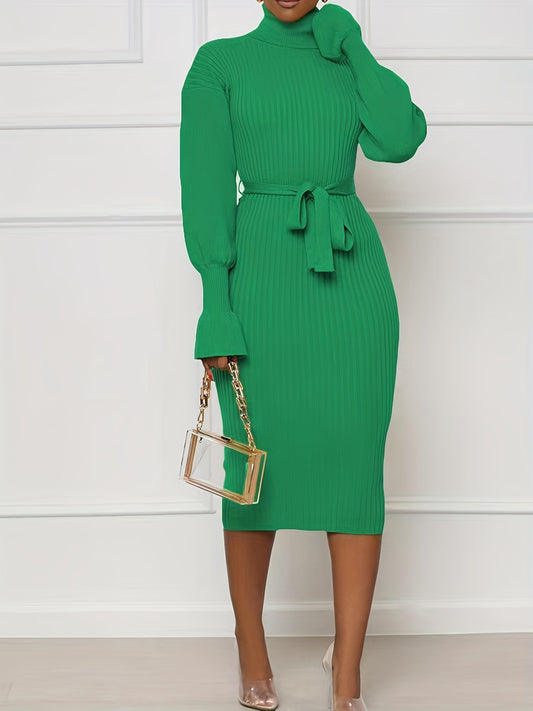 Antmvs Solid Turtleneck Dress, Elegant Long Sleeve Bodycon Midi Dress, Women's Clothing