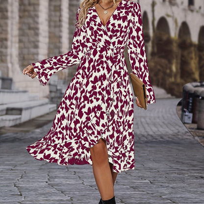 Antmvs V Neck Long Sleeve Slim Dress, Casual Every Day Dress For Fall & Spring, Women's Clothing