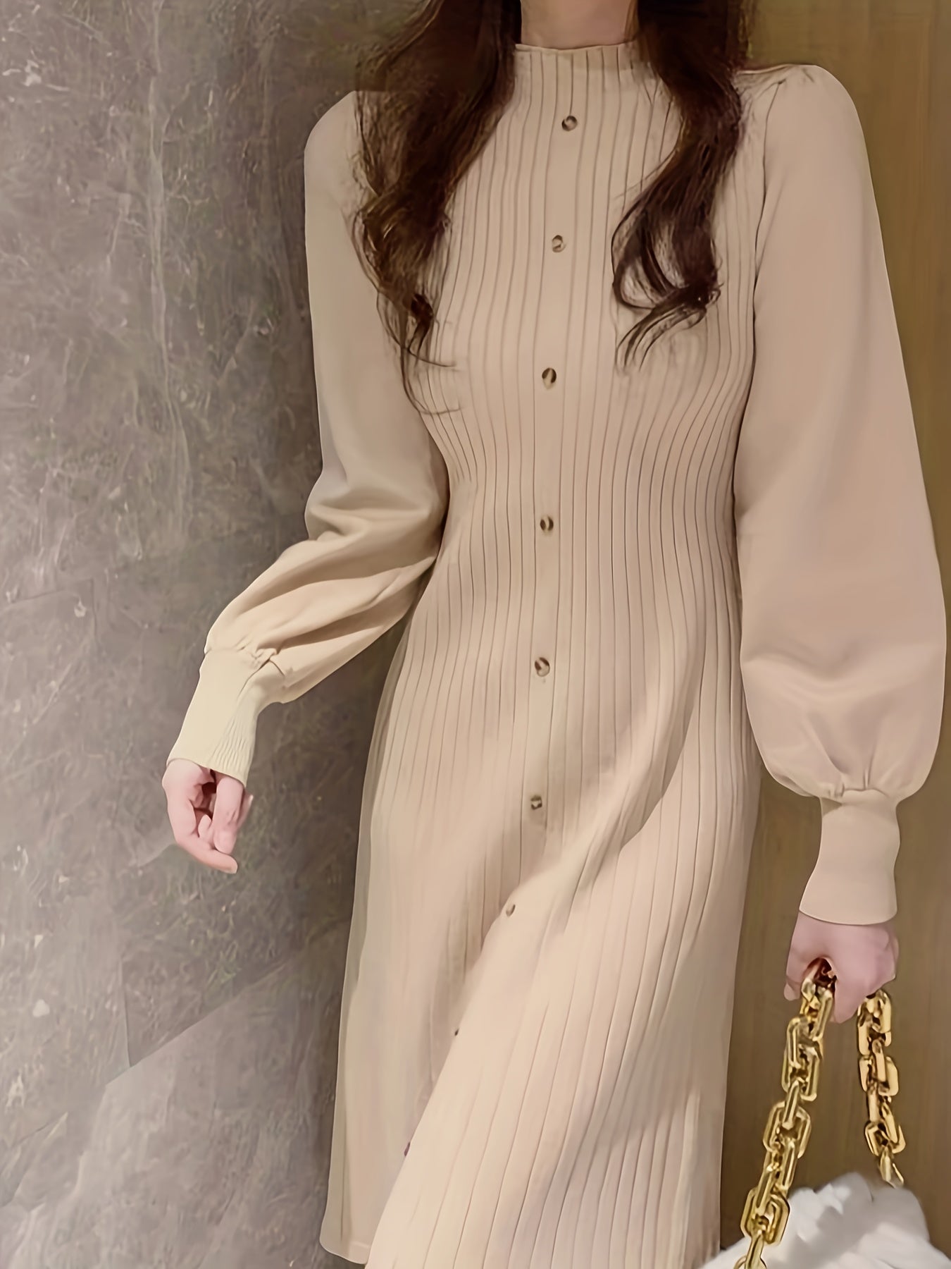 Antmvs Ribbed Mock Neck Dress, Casual Button Front Long Lantern Sleeve Dress, Women's Clothing