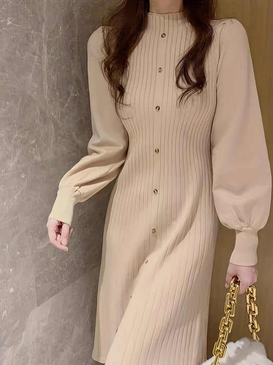 Antmvs Ribbed Mock Neck Dress, Casual Button Front Long Lantern Sleeve Dress, Women's Clothing