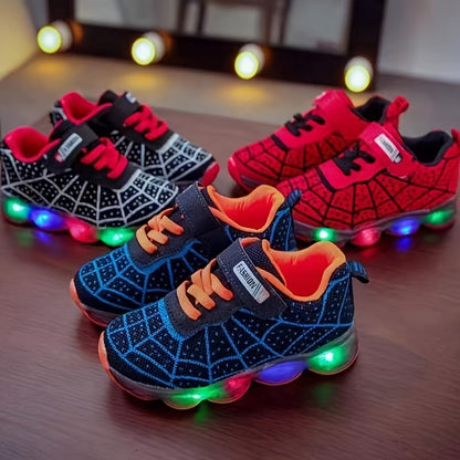 Stylish Spider Net Mesh Sneakers - Boys Shoes with Breathable, Shock-Absorbing, and Reflective Light Features for Running and Training - Comfortable, Casual, and Cool Design