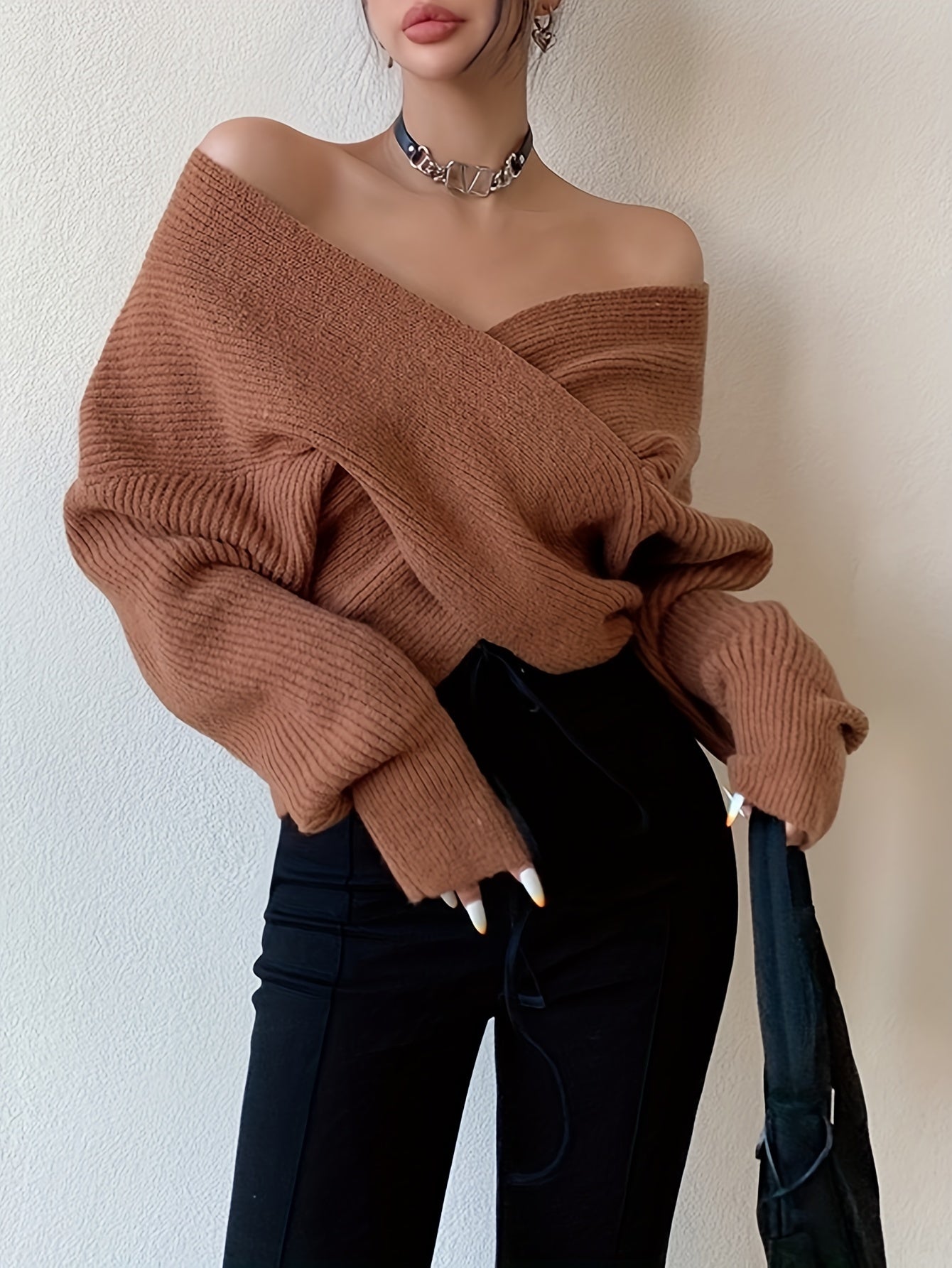 Antmvs Solid Cross Front Knit Sweater, Sexy V Neck Long Sleeve Loose Fashion Sweater, Women's Clothing