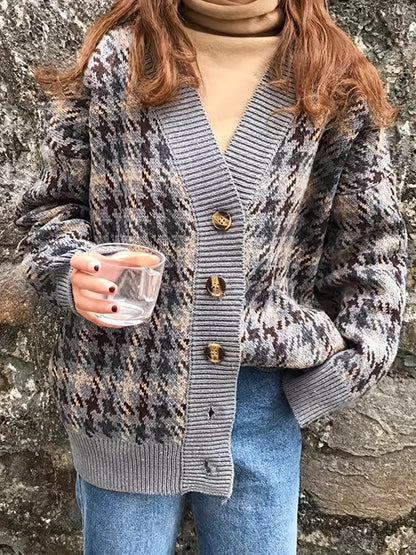 Antmvs Houndstooth Button Down Knit Cardigan, Vintage Long Sleeve Loose Sweater, Women's Clothing