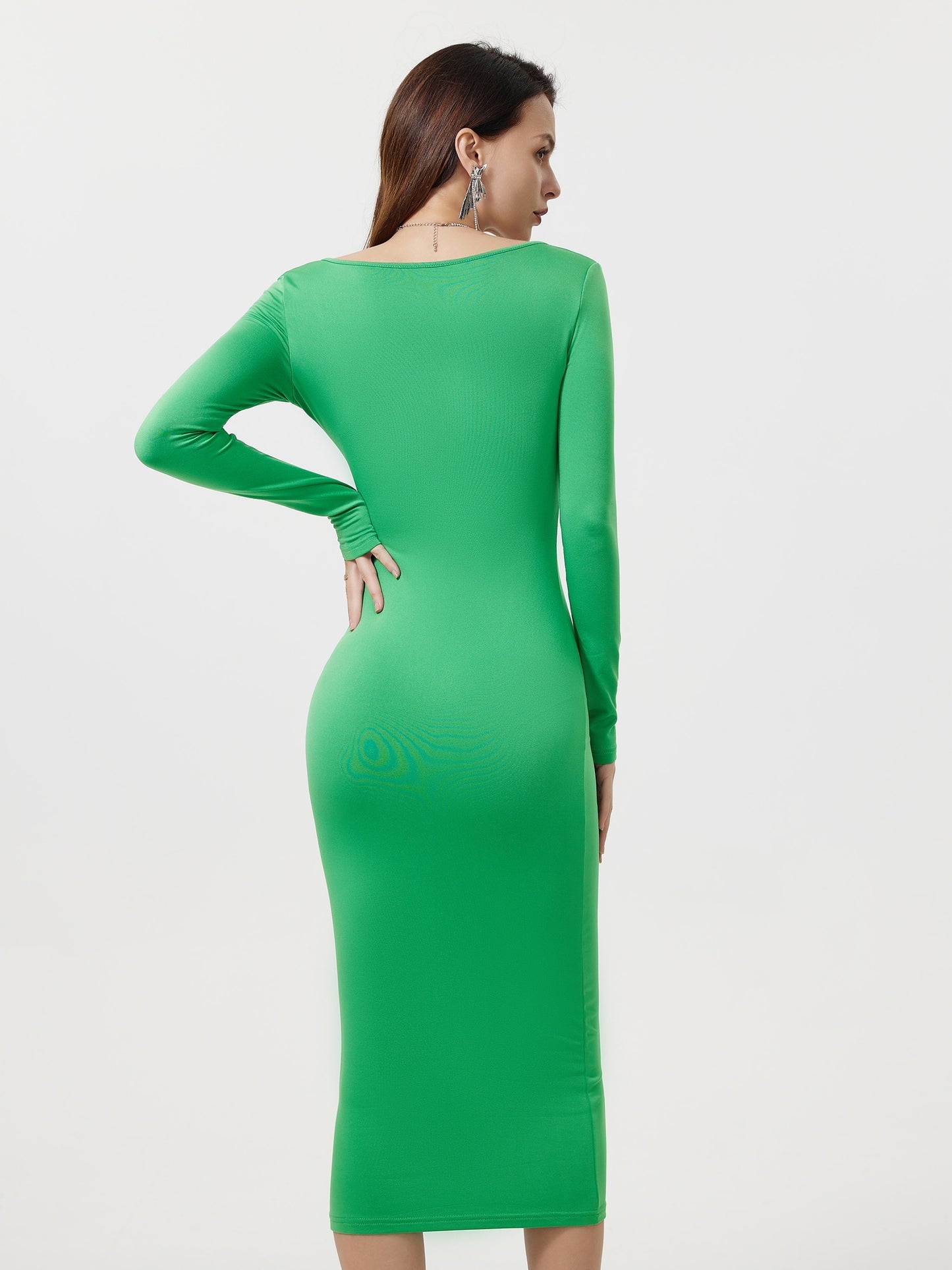 Antmvs Squared Neck Bodycon Dress, Casual Solid Long Sleeve Midi Dress, Women's Clothing