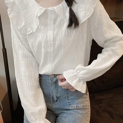 Antmvs Solid Textured Peter Pan Collar Blouse, Sweet Long Sleeve Button Front Blouse For Spring & Fall, Women's Clothing