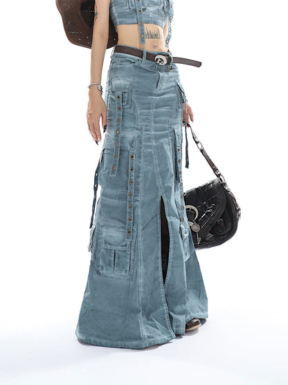 Antmvs Avery Gothic Denim Washed Solid Color Multi-Pocket Spaghetti Strap Cropped Top + Denim Washed Solid Color Multi-Pocket High Waist A-Line Long Skirt Matching Set