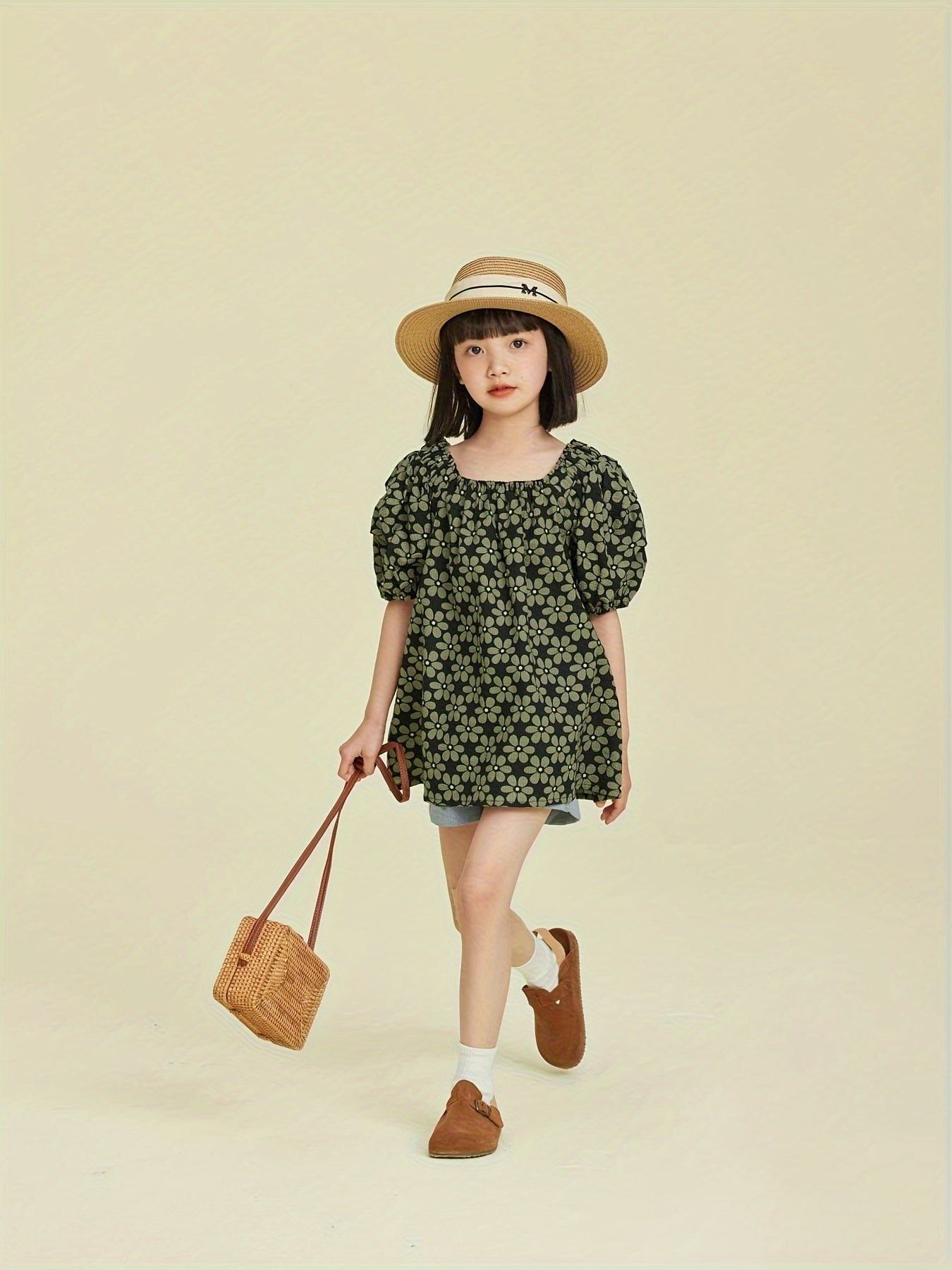 100% Cotton Elegant Girls Flower Print Square Neck Puff Short Sleeve Shirt Pullover Summer Party Gift School Uniforms