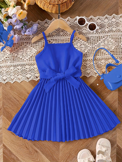 Girls' Elegant Smocked Dress - Charming Bow Belt Detail - Perfect for Summer Parties & Outdoor Events - Chic Sleeveless Cami Style