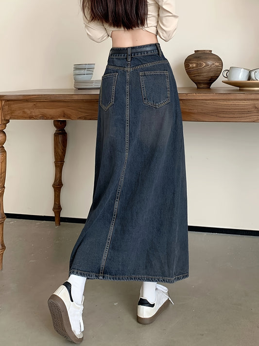 Antmvs High Waist Split Denim Maxi Skirt, Slant Pockets A-Line Washed Denim Skirt, Women's Denim Clothing